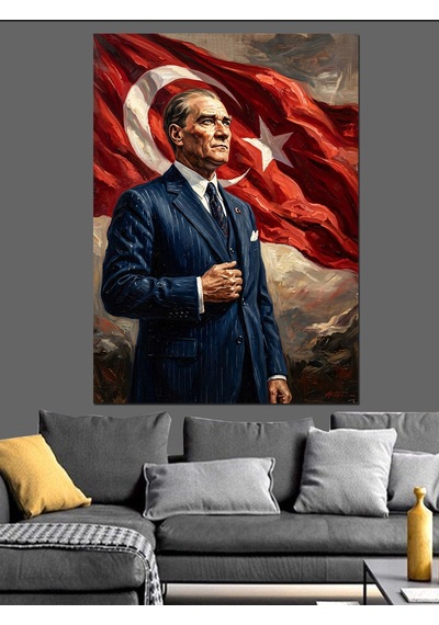 Türk Bayrağı Önünde Asil Atatürk Dekoratif Kanvas - Mdf Ahşap Tablo
