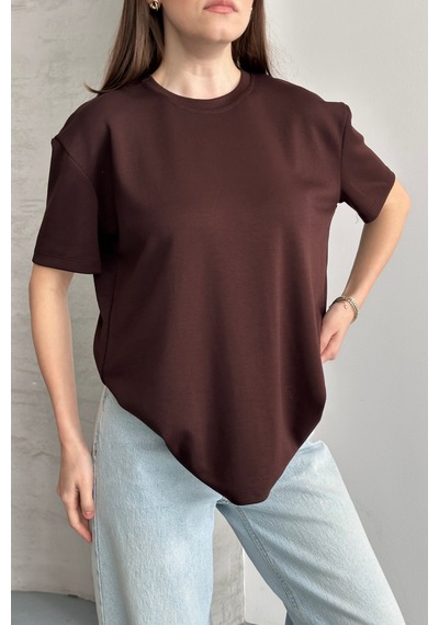 Balenbi Kadın Modal Bisiklet Yaka Basic Yarım Kollu T-shirt 1211 Kahverengi