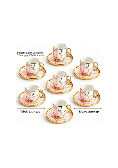 Valkyrie 12 Parça 6 Kişilik 80 Ml Türk Kahvesi Fincan Seti Pembe Mermer Desenli Gold Detay K653 Pembe
