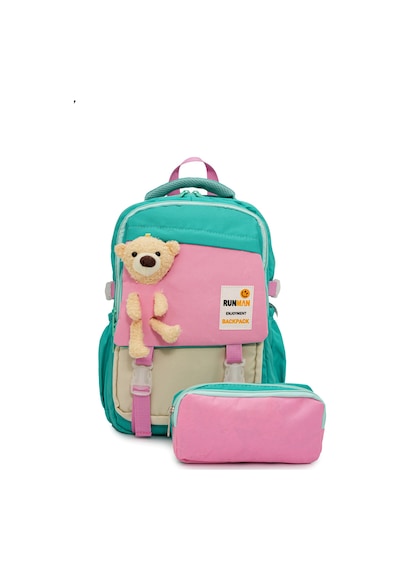 Peluş Ayıcık Detaylı Kız Çocuk İlkokul Çanta Seti Su Yeşili - Pembe