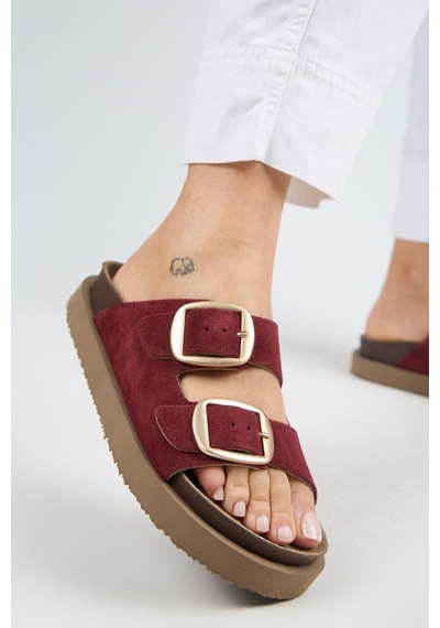 Manijero İrene Platform Deri Kadın Terlik Bordo-7134 Bordo