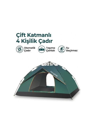 Kamptek Outdoor 4 Kişilik Otomatik Kurulum Kamp Çadırı - Çift Katmanlı, Su Geçirmez, 220x200x140 Cm Yeşil - Renkli