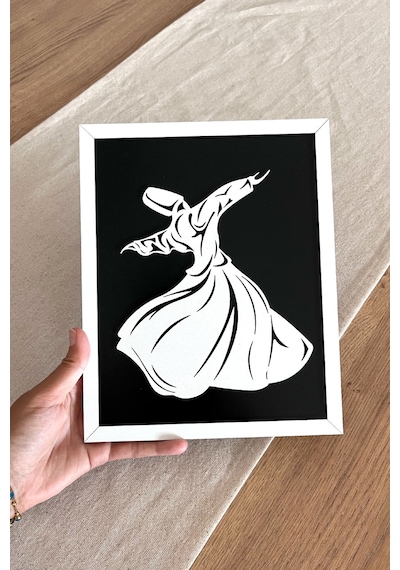 Modern Beyaz Çerçeveli Ahşap Semazen Mevlana Tablosu 25x20 Cm