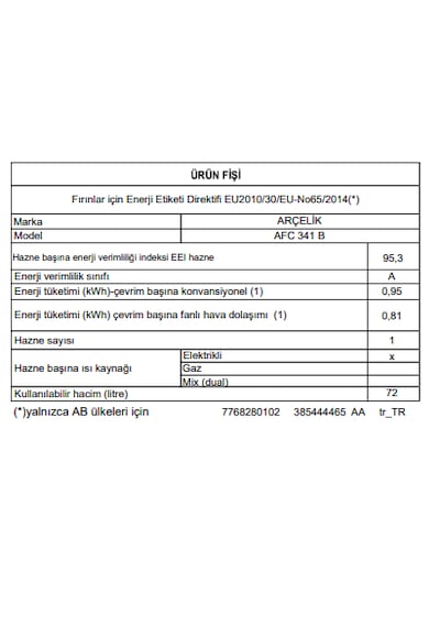 Arçelik AFC341 B Ankastre Fırın Beyaz
