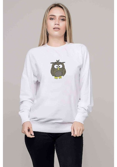 Owl Baykuş Baskılı Beyaz Kadın Sweatshirt