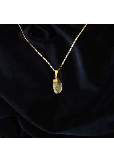 Doğal Pembe Kuvars Taşlı Şekilsiz Gold Başlıklı Çelik Zincirli Kolye