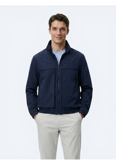 Kip Lacivert Relaxed Fit Dik Yaka Casual Dokuma Mont