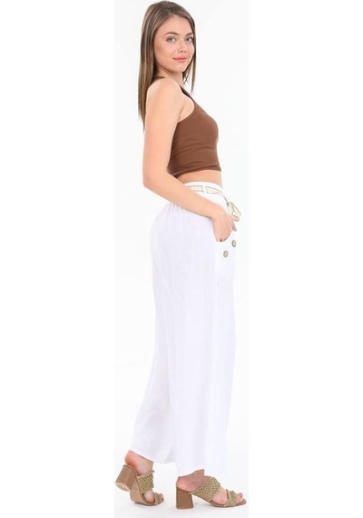 Eren Style İtalyan Korsajlı Düğme Detay Otantik Detay Kemerli Bol Paçalı Keten Pantolon-9888 Beyaz