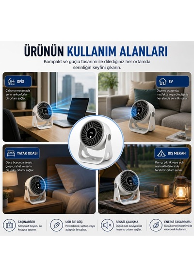 Masaüstü Usb Fan, 200 Kademeli Dijital Hız Ayarlı Mini Vantilatör, Type-c Şarjlı, Led Ekranlı, Sessiz Çalışma