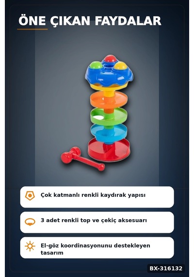 Dönerli Top Kaydırağı Oyunu 3 Toplu Potalı Kule, 24+ Ay Bebek Gelişim Oyuncağı Bx-316132