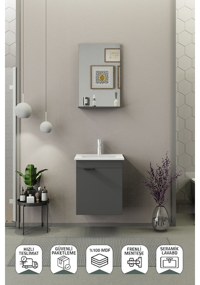 Biani Fix Arya Slım 50 Cm Banyo Dolabı,Seramik Lavabolu, Aynalı,Lavabo Dahil,Mdf,Mat Gri