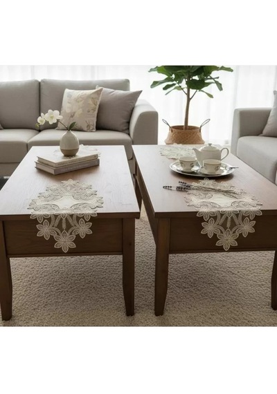 Çeyizlik Selena Model Krem 5 Parça Dantelli Keten Runner Masa Örtüsü Seti Çok Renkli