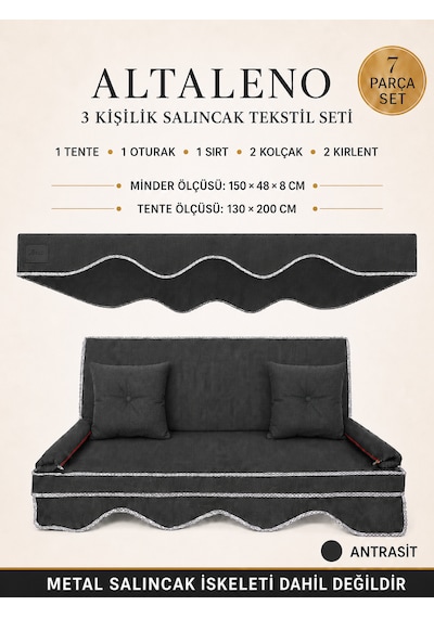 Altaleno 3 Kişilik 150 48 Cm Süngerli Bahçe Balkon Salıncak Minderi Yıkanabilir Kılıflı, Tenteli Keten Kumaş Tekstil Seti 24 Dns 8 Cm Orta Sert Sünger Antrasit
