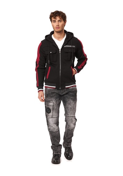 Cipo & Baxx Erkek Kapüşonlu Fermuarlı Şerit Detaylı Cepli Sweatshirt Ceket Cl586 Siyah