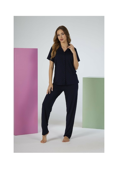 Estiva Kadın Lacivert Kısa Kollu Önden Düğmeli Soft Pijama Takımı Çok renkli