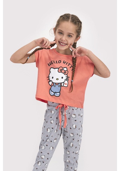 Hello Kitty Lisanslı Şeftali Kız Çocuk Kısa Kol Pijama Takımı Somon Hello Kitty Lisanslı Şeftali Kız Çocuk Kısa Kol Pijama Takımı Somon