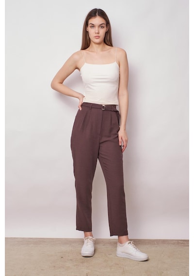 JUMENT Keten Yüksek Bel Pileli Beli Lastikli Kemerli Boyfriend Pantolon-kahve
