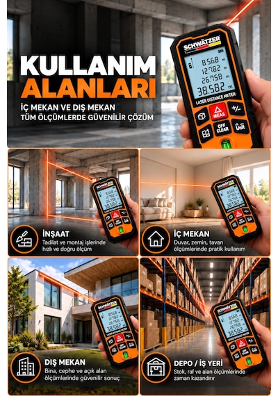 50 Metre Profesyonel Lazer Metre Su Terazili Dijital Ekranlı Hassas Mesafe Ölçer