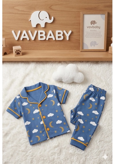 Pamuklu Kruvaze Yaka Önden Düğmeli Bulut-ay Desenli Mevsimlik Alt Üst Pijama Takım-mavi