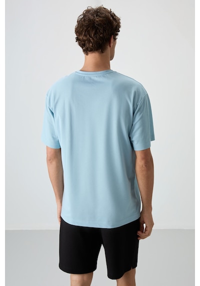 Air Jones Tommy Life Açık Mavi Pamuklu Kalın Yüzeyi Dokulu Oversize Fit Baskılı Erkek T-shirt - 88364 Açik Mavi
