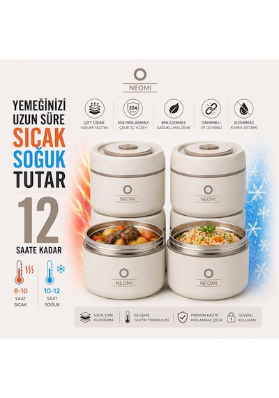Lunch Box Isı Yalıtımlı Yemek Termosu Seti Paslanmaz Çelik Çantalı 304 Çelik Tse Belgeli Bej
