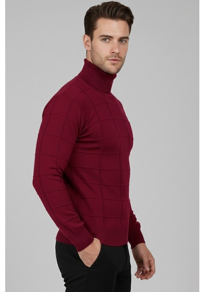 Deepsea Erkek Bordo Kare Desenli Balıkçı Yaka Slim Fit Boğazlı Triko Kazak 2505493 Bordo