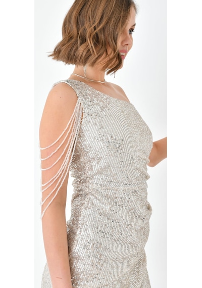 Hanife Glam Couture Hanife Glam Tek Omuz Taş Tasarımlı Mini Pulpayet Elbise Gümüş