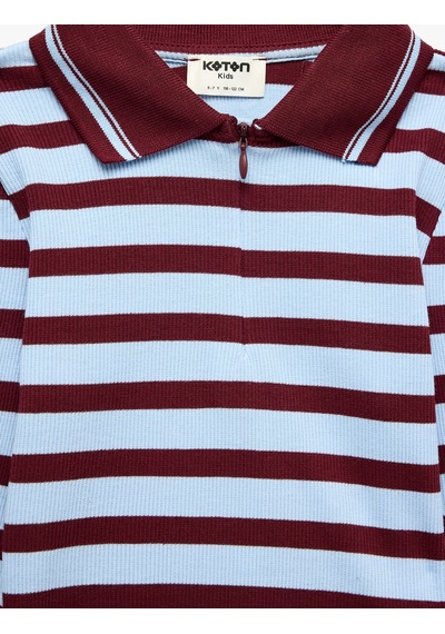Koton Fermuarlı Uzun Kollu Pamuklu Polo Yaka Çizgili Tişört Bordo Çizgili 7wkg10499ak