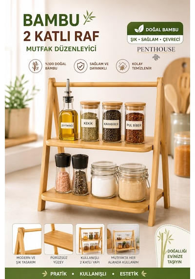 Bambu 2 Katlı Mutfak Rafı Baharatlık Düzenleyici Tezgah Üstü Organizer Doğal Ahşap Raf Bej