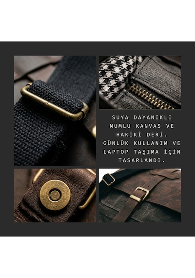 Dark Cotton 7503 Hakiki Deri Kapaklı Suya Dayanıklı Mumlu Kanvas 15 Laptop, Okul, Evrak Seyahat Çantası Siyah - Kahverengi