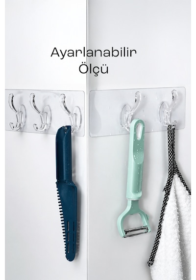 5 Kancalı Şeffaf Yapışkanlı Organizer Askı Mutfak Banyo Duvar Düzenleyici 35 cm