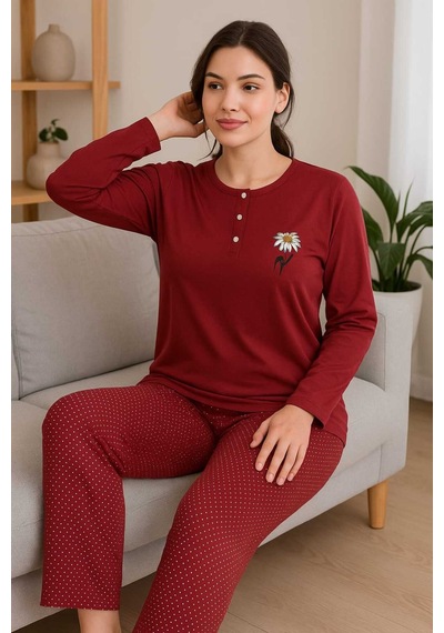 Tenra Geniş Kalıp Kadın Pijama Takımı %100 Pamuk Kırmızı