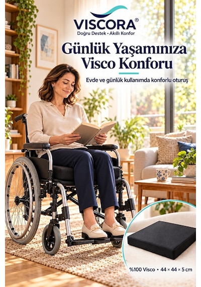 Tekerlekli Sandalye Minderi %100 Visco Kare Oturma Minderi, Kaymaz Taban 44 44 5 Cm Siyah