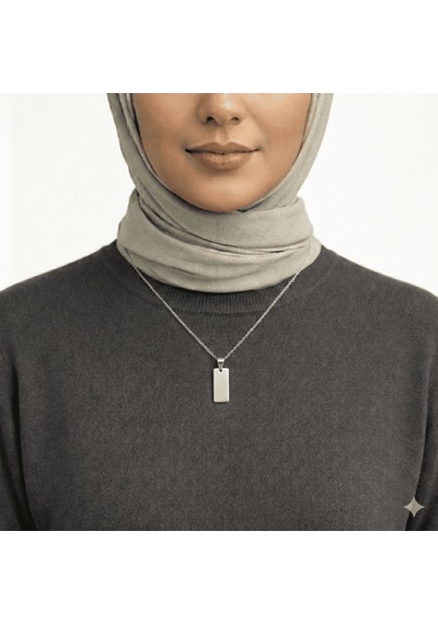Tesbihane Kadın Çelik Kolye - Kişiye Özel - Gümüş Renk - Dikdörtgen Tasarım - 45 Cm