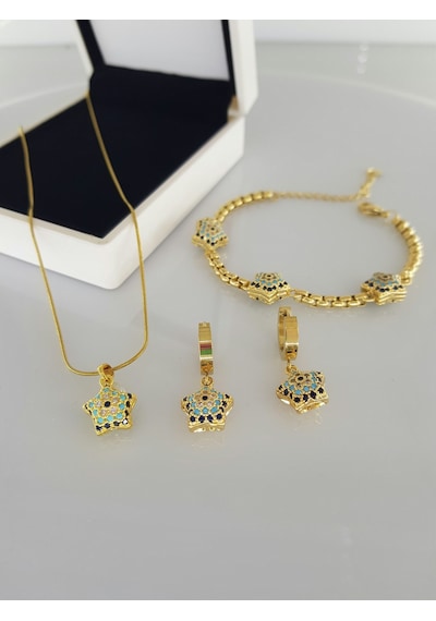 14 Ayar Rengi Nazar Gold Çelik Takı Set Gümüş - Rose Gold
