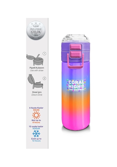 Coral High Kids Renk Geçişli Desenli Pipetli Ve Direkt İçim Çelik Termos 500 Ml 31875 Eflatun