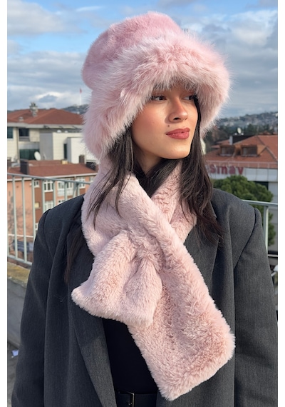 Mollycrush Peluş Rus Tarzı Bucket Kalpak Şapka Atkı 2'li Set Kadın Kışlık Suni Kürk Pembe 2'li Takım Pembe