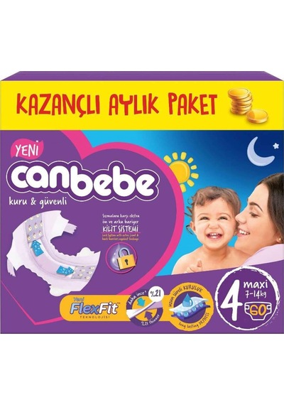 Canbebe Bebek Bezi Kilit Sistemli 4 Numara Maxi Kazançlı Aylık Paket 60 Adet