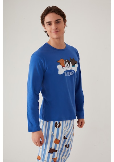 Erkek Pamuklu Uzun Kollu Baskılı Alt Desenli Cep Detaylı Pijama Takımı Ke30114 Saks