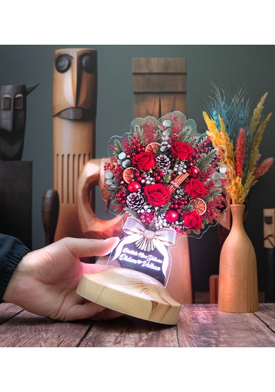 Yılbaşı Kokina Ve Gül Buketi Led Lamba, İsme Özel Solmayan Yılbaşı Kırmızı Gül Buketi, Sevgiliye Ve Arkadaşa Yeni Yıl Hediyesi