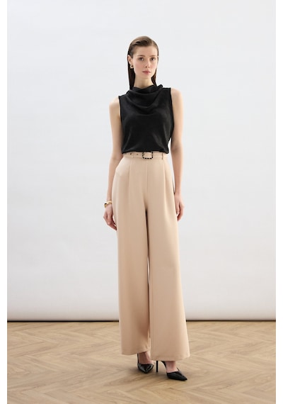 Sateen Kemerli Bol Pantolon - Bej-136821 Bej