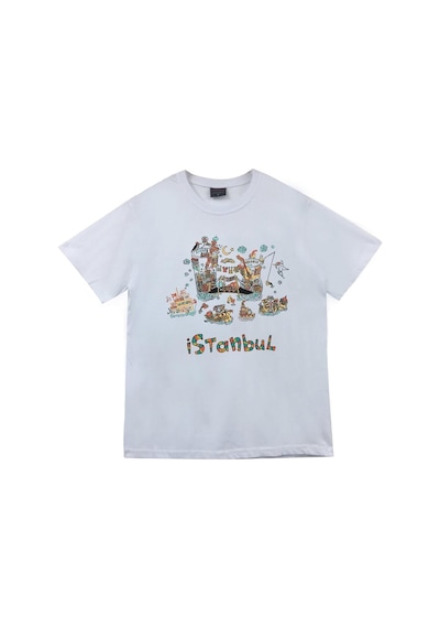 İstanbul Baskılı Unisex %100 Pamuk Beyaz T-shirt Beyaz