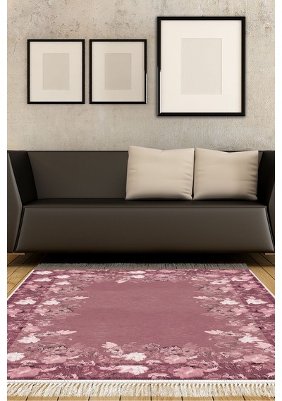 Dijital Baskılı Dikdörtgen Salon Halısı Kaymaz Yıkanabilir Keçe Taban Saçaklı Çiçekli P1388 Bordo