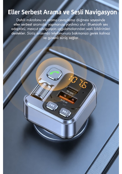 Bluetooth 5.3 Fm Transmitter Araç Çakmaklık Şarj Cihazı Pd 20w Type-c Usb Hızlı Şarj Aux Eller Serbest Konuşma Dijital Voltaj Göstergeli