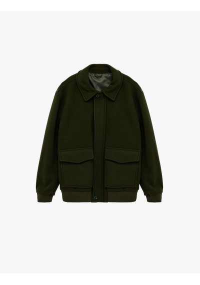 Koton Gömlek Yaka Uzun Kollu Regular Fit Kaşe Bomber Ceket Haki 6wam20007hw