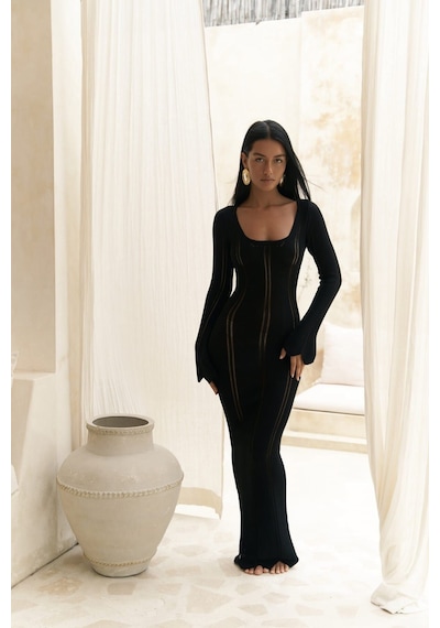 Mai Collection Mai Studios Co. Paulina Dantel Örgülü Siyah Triko Elbise Siyah