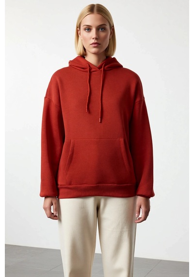 Benerly Kadın Kapüşonlu Düşük Kol Oversize Sweatshirt Fonksiyonel Dayanık Kiremit