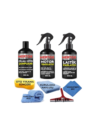 Mertox Oto Temizlik ve Bakım Seti Oto Şampuanı+motor+lastik 3x500