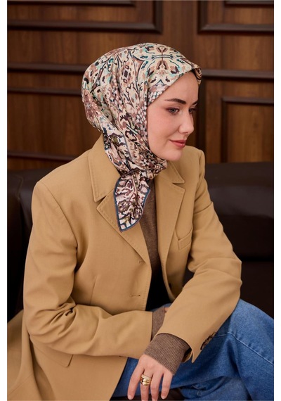 Silk Home Twill İpek Eşarp Petrol Yeşili Krem Desenli Tok Duruşlu Kaymaz 90x90 Çok Renkli