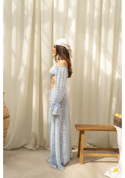 Mai Collection Samos Puantiyeli Mavi Crop Etek Takım